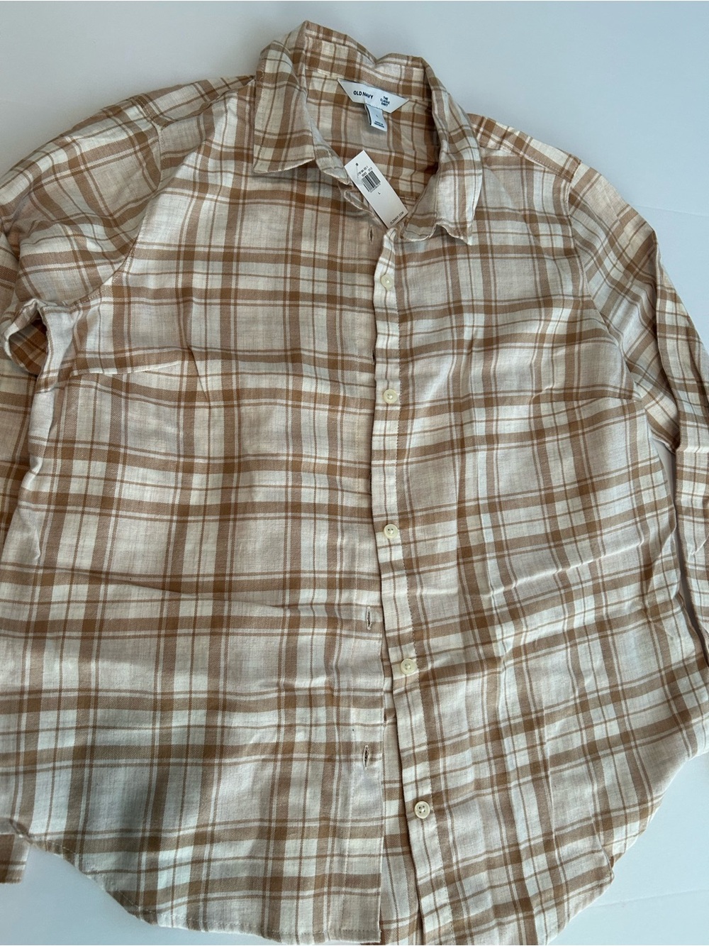 Old Navy Beige and Tan Plaid Button-Down Shirt